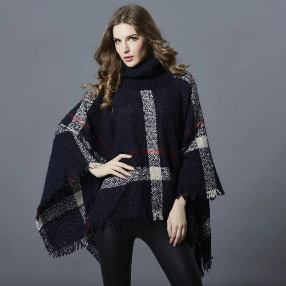 COZY PLAID PONCHO W/ TURTLENECK - Picture 6 of 16